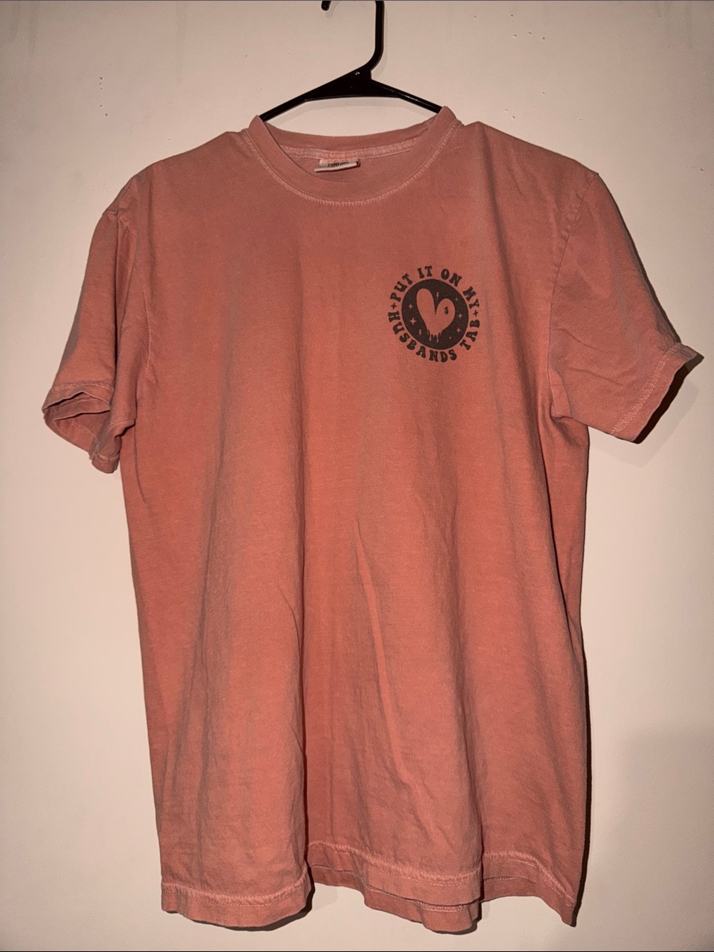 Coral Graphic “put it on my husbands tab” Short Sleeve Tee